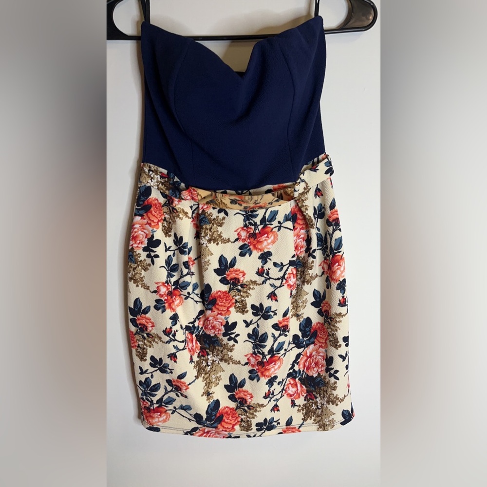 Navy Blue, Cream Floral Dress, Strapless